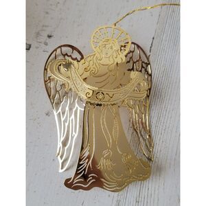 Golden tin angel joy cherub ornament Xmas decor Bible
